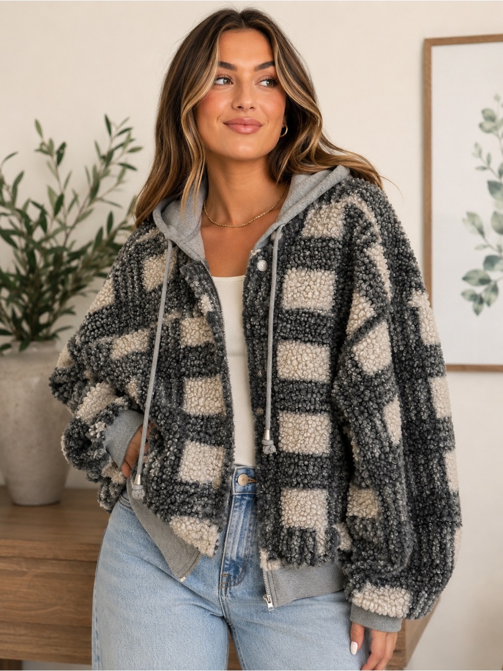 Easel Plaid Sherpa Hooded Zip-Up Jacket